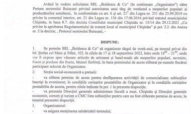Dispoziția nr. 84-d din 12.09.2022 Cu privire la desfășurarea unui tîrg de weekens la bd. Ștefan cel Mare și Sfînt, 103.