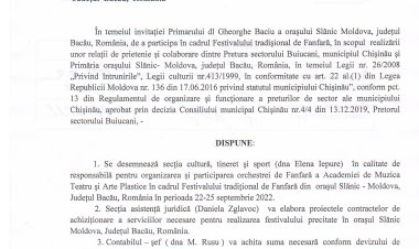 Dispoziția nr. 85-d din 16.09.2022 Cu privire la participarea în cadrul Festivalului tradițional de fanfară în orașul Slănic-Moldova, județul Bacău, Romînia.