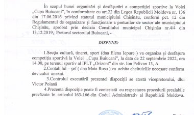 Dispoziția nr. 86-d din 16.09.2022 Cu privire la organizarea și desfășurarea Competiției spoetive la Volei "Cupa Buiucani".