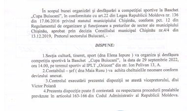 Dispoziția nr. 87-d din 16.09.2022 Cu privire la organizarea și desfășurarea Competiției sportive la Baschet "Cupa Buiucani".