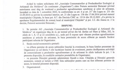 Dispoziția nr. 88 - d din 26.09.2022 Cu privire la desfășurarea unui tîrg de zi a produselor agricole autohtone și de artizanat la bd. Ștefan cel Mare și Sfînt, 2022.