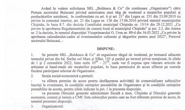 Dispoziția nr. 90 - d din 28.09.2022 Cu privire la desfășurarea unui tîrg de weekend a meșterilor populari și producătorilor autohtoni la bd. Ștefan cel Mare și Sfînt, 103.