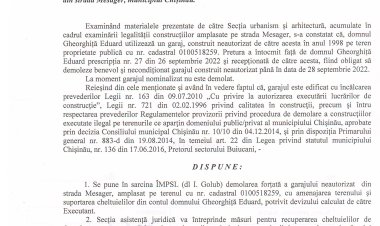 Dispoziția nr. 92 - d din 29.09.2022 Cu privire la demolarea garajului, utilizat de către domnul Gheorghiță Eduard, din strada Mesager, municipiul Chișinău.