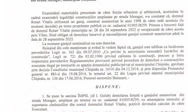 Dispoziția nr. 93 - d din 29.09.2022 Cu privire la demolarea gardului, utilizat de către domnul Rotari Vitalie, din strada Mesager, municipiului Chișinău.
