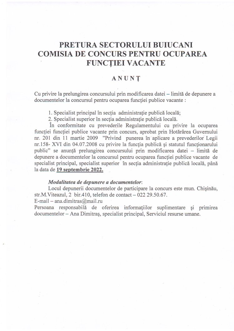PRETURA SECTORULUI BUIUCANI COMISIA DE CONCURS PENTRU OCUPAREA  FUNCŢIEI VACANTE  A N U N Ț!!!!!!