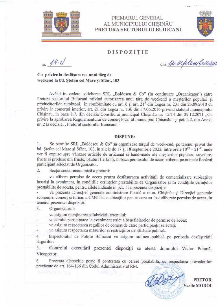 Dispoziția nr. 84-d din 12.09.2022 Cu privire la desfășurarea unui tîrg de weekens la bd. Ștefan cel Mare și Sfînt, 103.