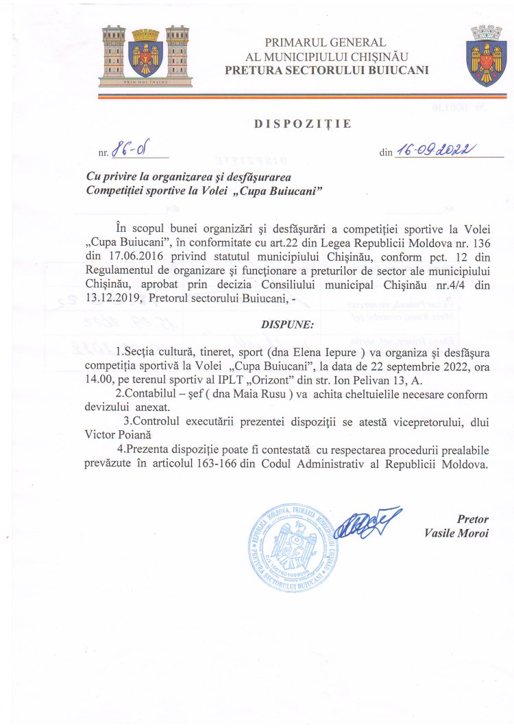 Dispoziția nr. 86-d din 16.09.2022 Cu privire la organizarea și desfășurarea Competiției spoetive la Volei "Cupa Buiucani".