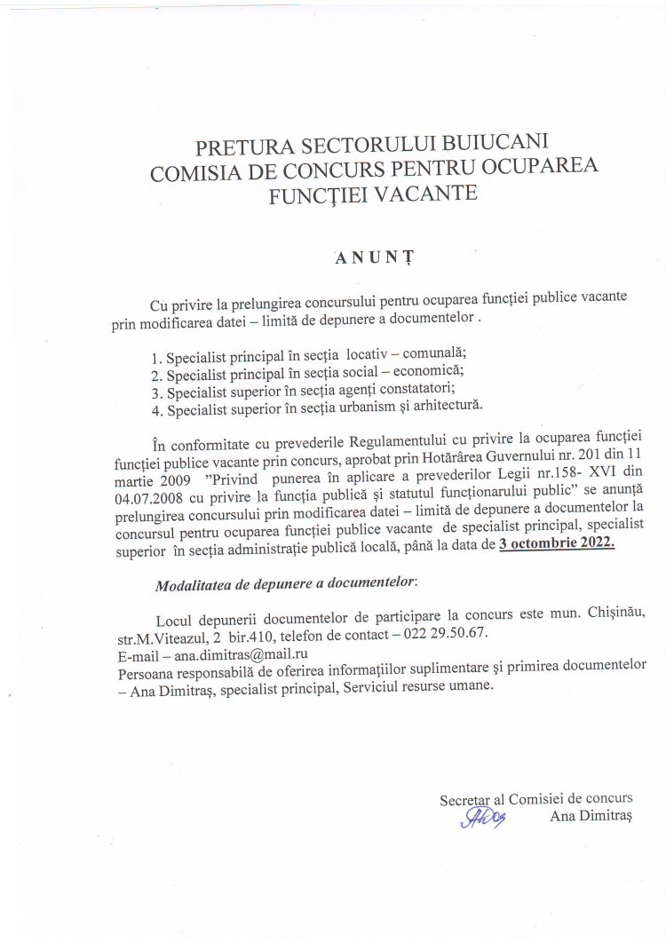 PRETURA SECTORULUI BUIUCANI COMISIA DE CONCURS PENTRU OCUPAREA FUNCŢIEI VACANTE A N U N Ț!!!!!!