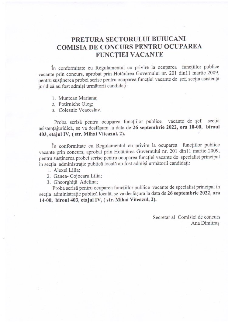 PRETURA SECTORULUI BUIUCANI COMISIA DE CONCURS PENTRU OCUPAREA FUNCŢIEI VACANTE A N U N Ț!!!!!!