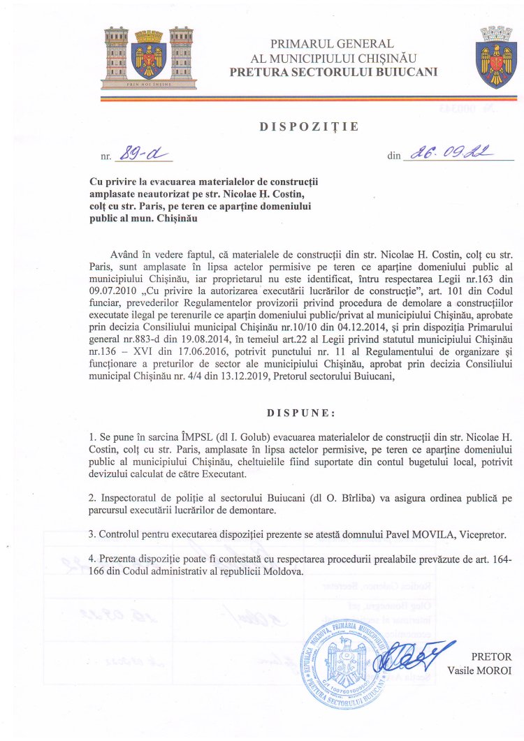 Dispoziția nr.89 - d din 26.09.2022 Cu privire la evacuarea materialelor de construcții amplasate neautorizat pe str. Nicolae H. Costin, colț cu strada Paris,  pe teren ce aparține domeniului public al municipiului Chișinău.