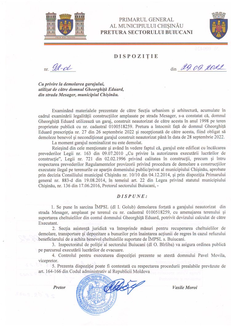 Dispoziția nr. 92 - d din 29.09.2022 Cu privire la demolarea garajului, utilizat de către domnul Gheorghiță Eduard, din strada Mesager, municipiul Chișinău.