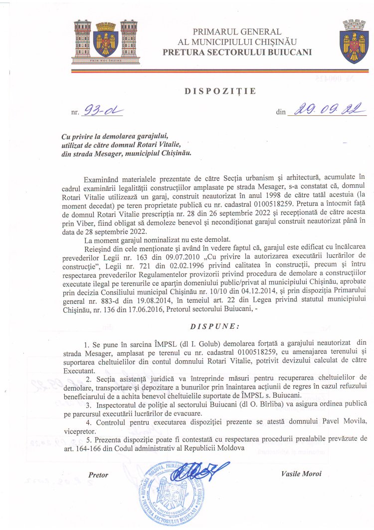Dispoziția nr. 93 - d din 29.09.2022 Cu privire la demolarea gardului, utilizat de către domnul Rotari Vitalie, din strada Mesager, municipiului Chișinău.