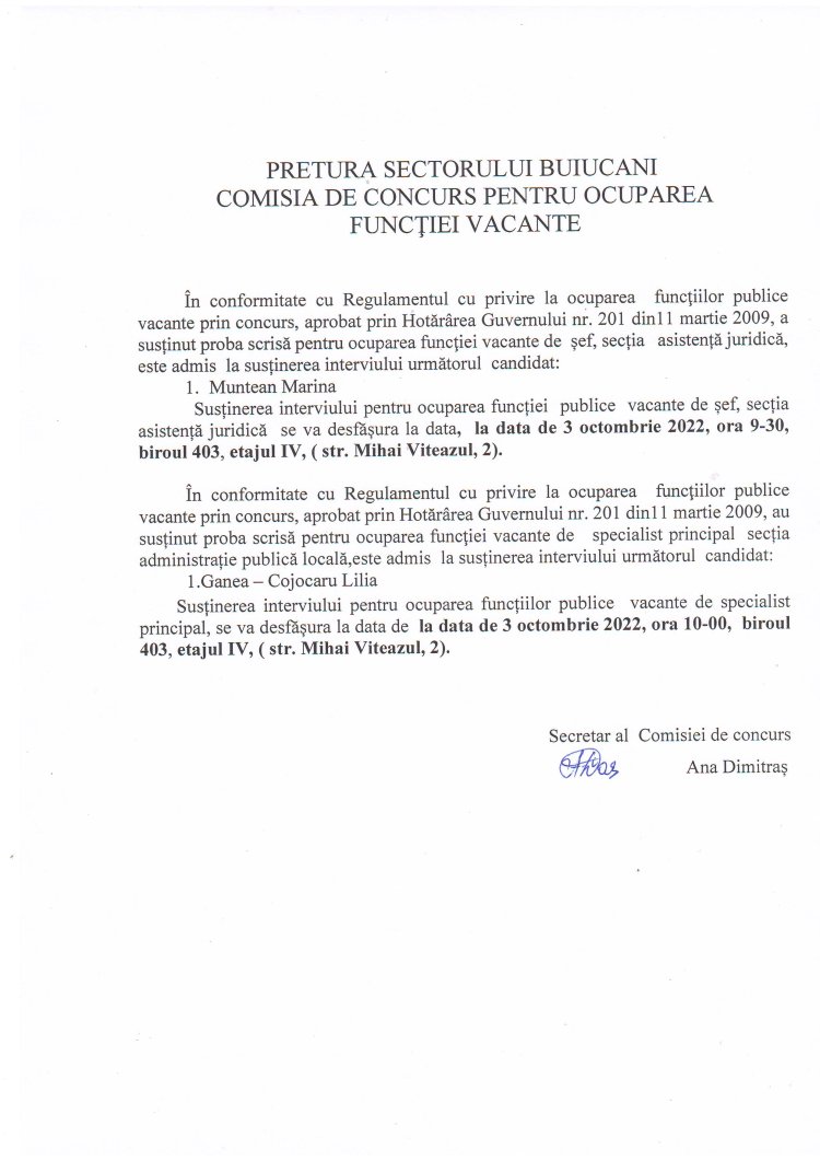 PRETURA SECTORULUI BUIUCANI COMISIA DE CONCURS PENTRU OCUPAREA FUNCȚIEI VACANTE