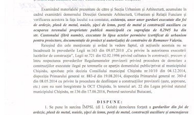 Dispoziția nr. 94-d din 29.09.2022 Cu privire la demolarea unor garduri din foi de ardezie, plasă de metal, nuiele, șipci de lemn, porți de metal și construcții auxiliare din str. Cantonului, f/nr, mun. Chișinău.