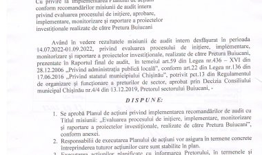 Dispoziția nr. 95 - d din 29.09.2022 Cu privire la implementarea Planului de acțiuni conform recomandărilor misiunii de audit intern privind evaluarea procesului de inițiere, aprobare, implementare, monitorizare și raportare aproiectelor investiționale realizate de către Pretura sectorului Buiucani.