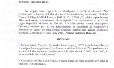 Dispoziția nr. 97 - d din 03.10.2022 Cu privire la organizarea și desfășurarea manifestării cultural-artistice dedicată Zilei profesionale a lucrătorului din domeniul învățămîntului.
