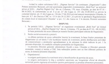 Dispoziția nr. 98 - d din 07.10.2022 Cu privire la organizarea evenimentului "BOLD FEST", pe teritoriul pribat S.R.L.   "StarNet Digital City" din str. Columna, 170, mun. Chișinău.