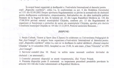 Dispoziția nr. 99 - d din 10.10.2022 Cu privire la organizarea și desfășurarea  Festivalului Internațional  al dansului pentru copii "Rapsodia copilăriei" ediția I-a.