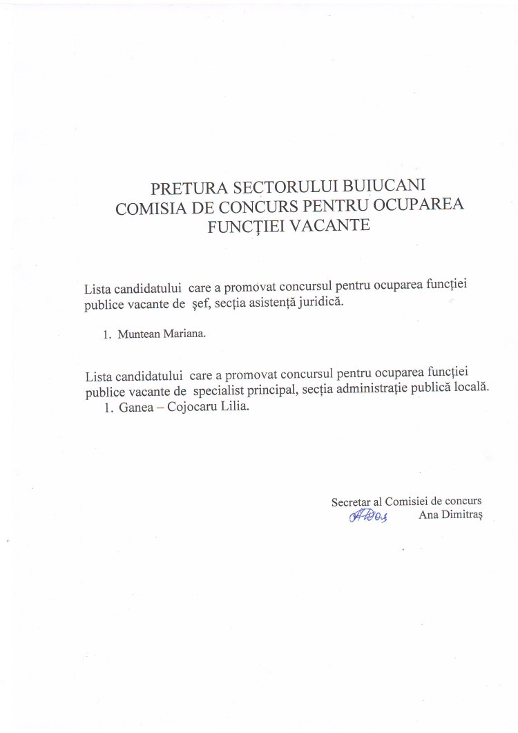 PRETURA SECTORULUI BUIUCANI COMISIA DE CONCURS PENTRU OCUPAREA FUNCȚIEI VACANTE