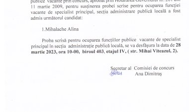 Anunț cu privire la susținerea probei scrise pentru ocuparea funcției publice vacante de specialist principal în secția administrație publică locală.