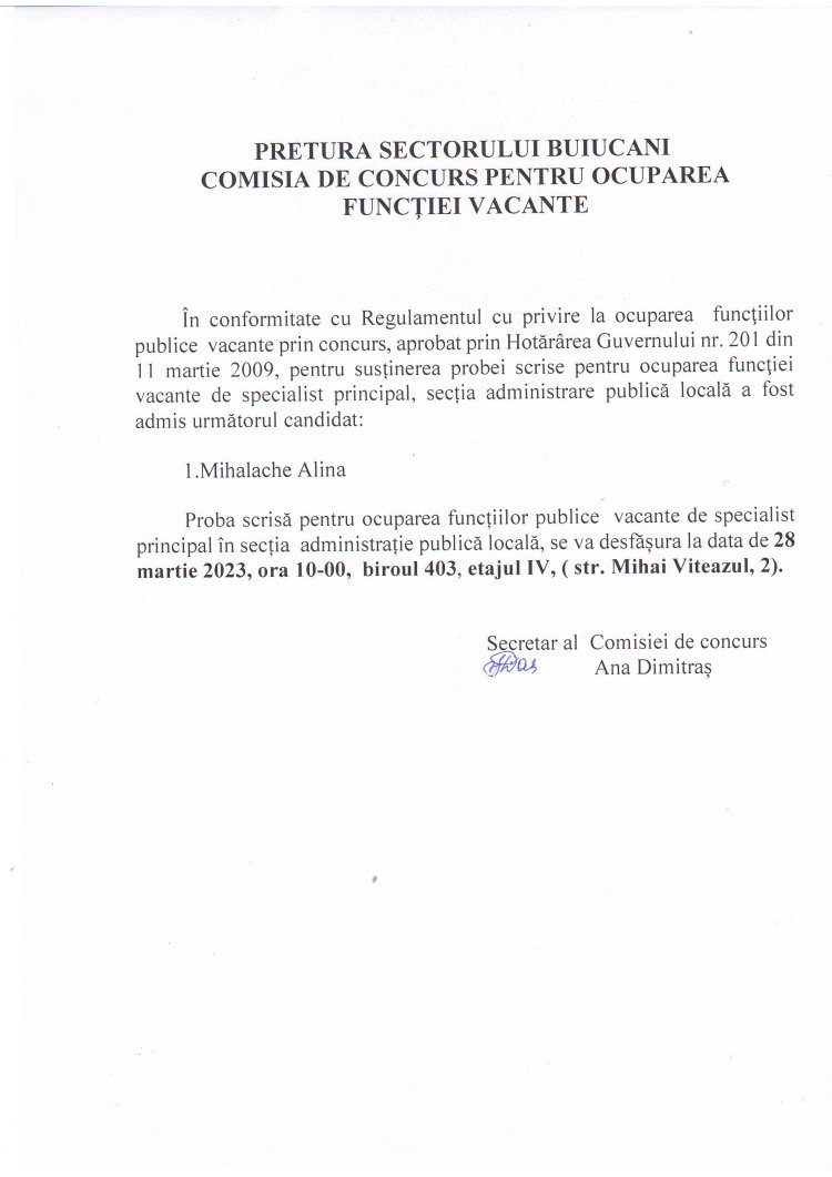 Anunț cu privire la susținerea probei scrise pentru ocuparea funcției publice vacante de specialist principal în secția administrație publică locală.
