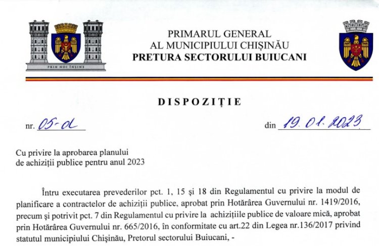 Dispoziția nr. 05 - d din 19.01.2023 Cu privire la aprobarea planului de achiziții publice pentru anul 2023