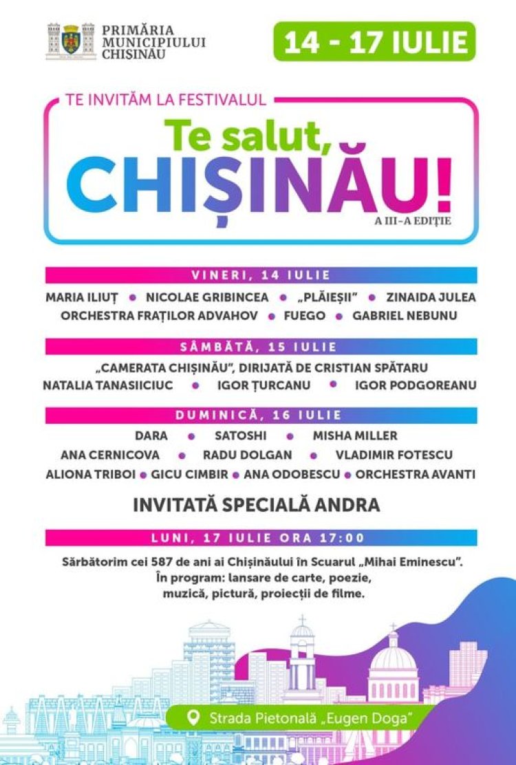 Primăria municipiului Chișinău te invită la Festivalul „Te salut, Chișinău”, dedicat marcării a 587 de ani de la prima a...