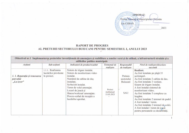 RAPORT DE PROGRES SEMESTRUL I, ANUL 2023